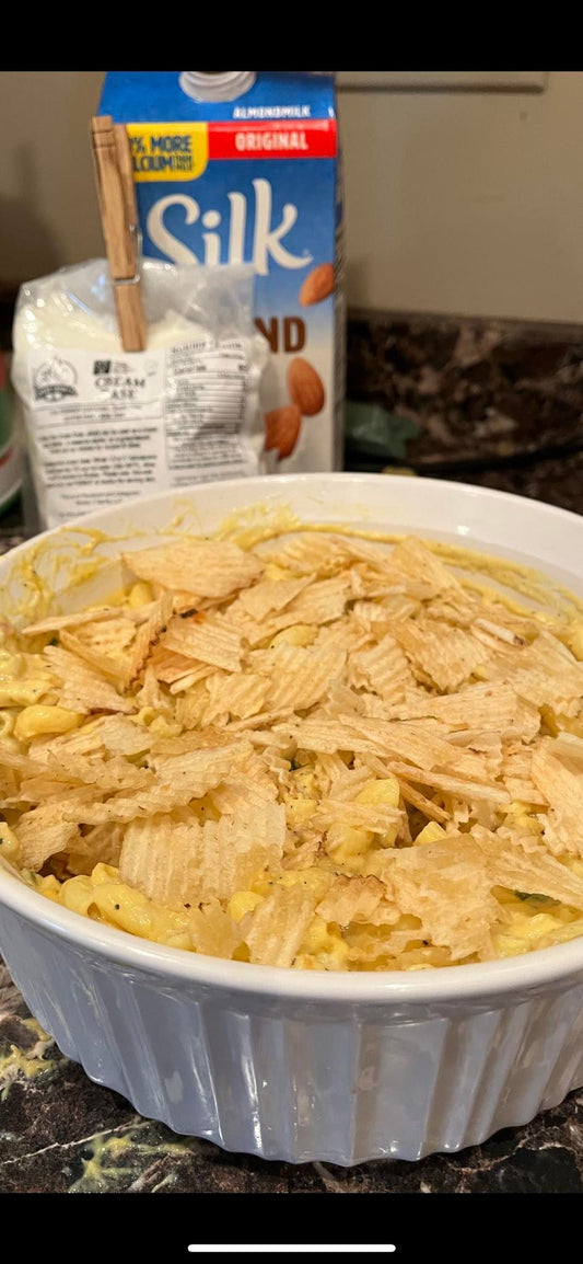 Casserole dish of tuna noodle casserole