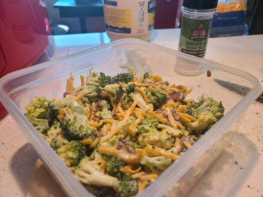 Dish of broccoli salad
