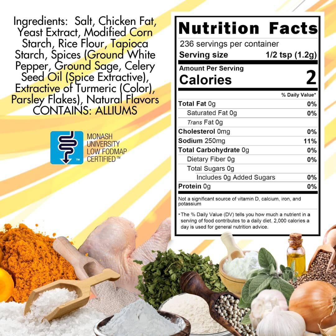 Chicken base ingredient listing and nutritional panel. Ingredients: salt, chicken fat, yeast extract, modified corn starch, rice flour, tapioca starch, spices (ground white pepper, ground sage, celery seed oil (spice extractive), extractive of turmeric (color), parsley flakes), natural flavors. contains alliums. Serving size 1/2 tsp, 2 calories, 250 mg sodium