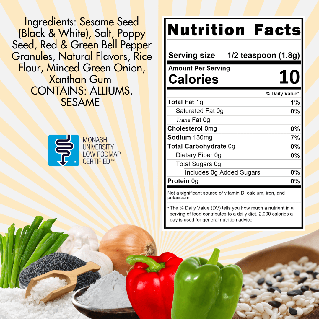 SnS Everything Bagel Ingredients: Sesame Seed (black & white), salt, poppy seed, red & green bell pepper graunules, natural flavors, rice flour, mixed gree onion, xanthan gum. Contains alliums, sesame. Nutritional panel, serving size 1/2 teaspoon, Calories 10, sodium 150 mg