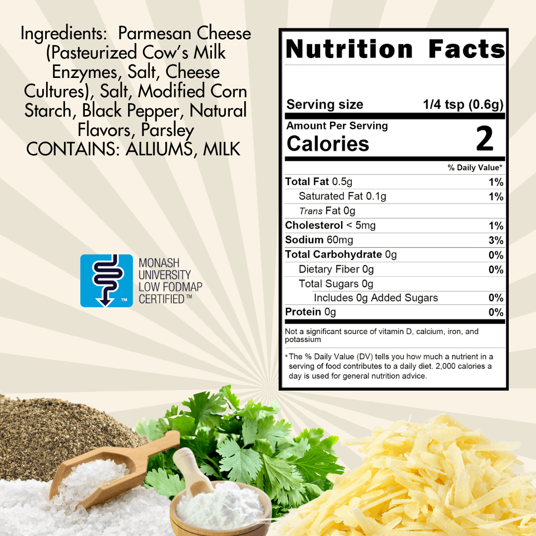 Garlic parmesan ingredient and nutritional panel image. Ingredients: parmesan cheese (pasturized cow's milk enzymes, salt, cheese cultures), salt, modified corn starch, black pepper, natural flavors, parsley, contains alliums and milk. Nutritional panel, serving size 1/4 tsp, calories 2, sodium 60 mg