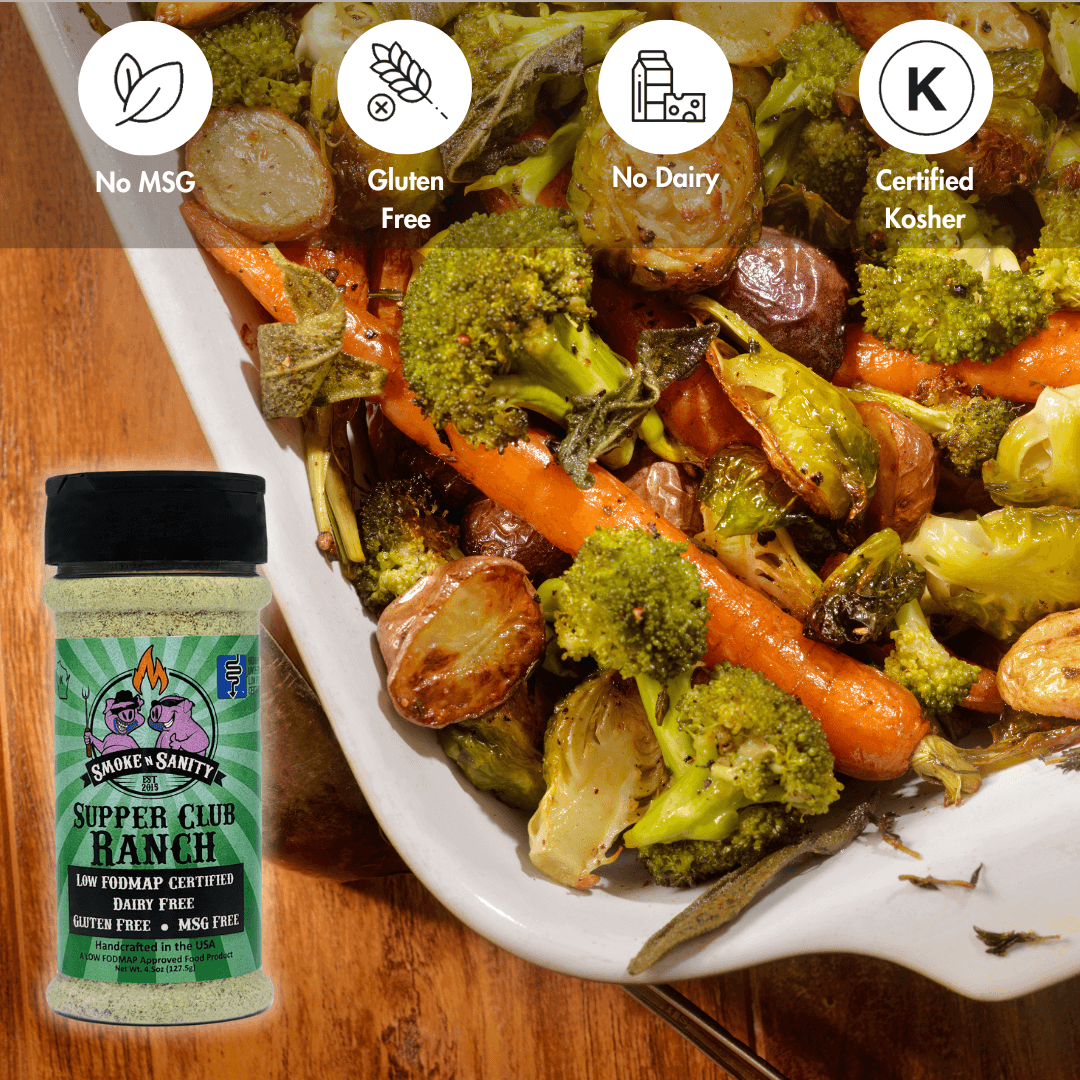 Picture of oven roasted veggies. No Msg, gluten free, no dairy, Certified kosher
