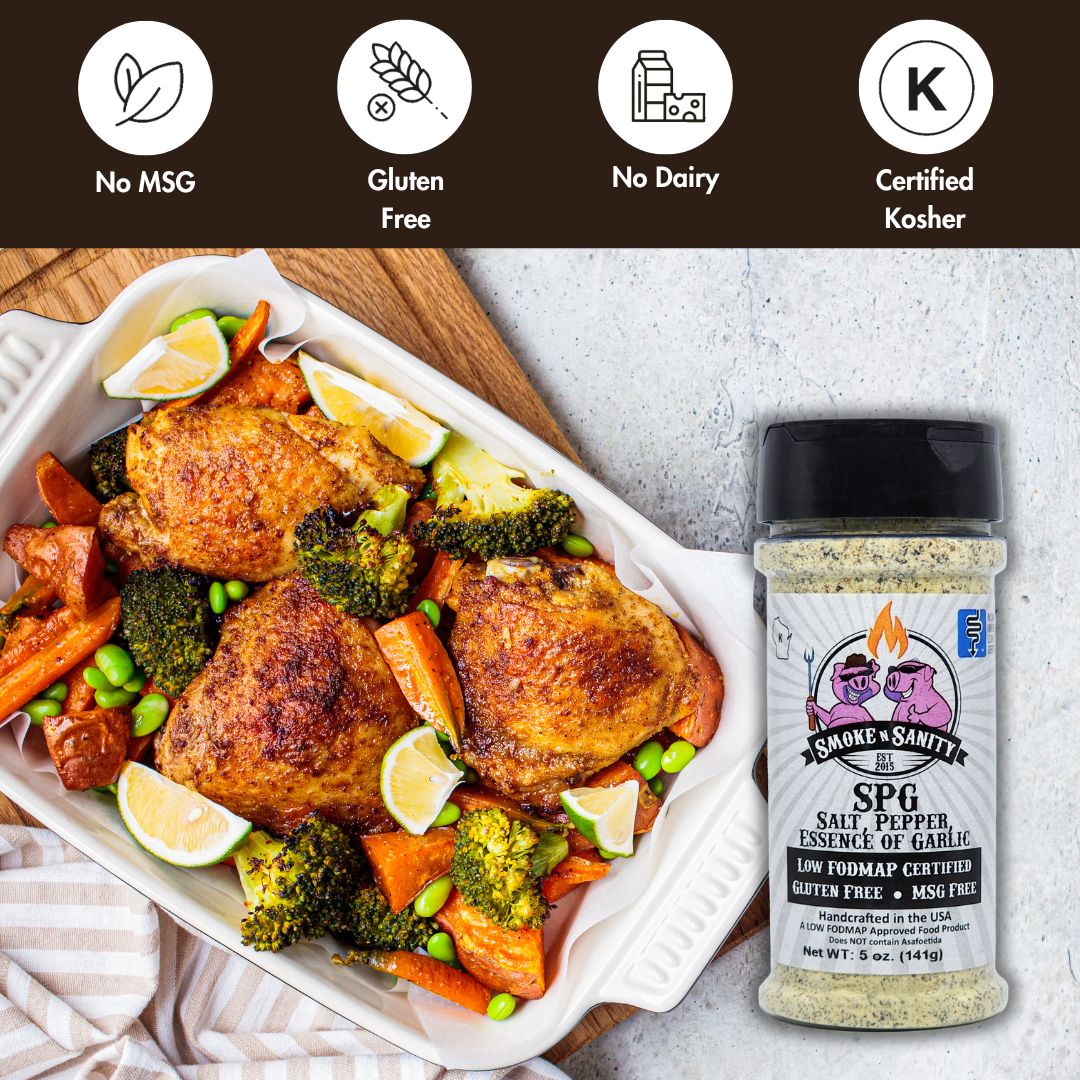 SPG, Salt, Pepper, Essence of Garlic no msg, gluten free, no dairy, certified kosher. Picture of Chicken and veggies