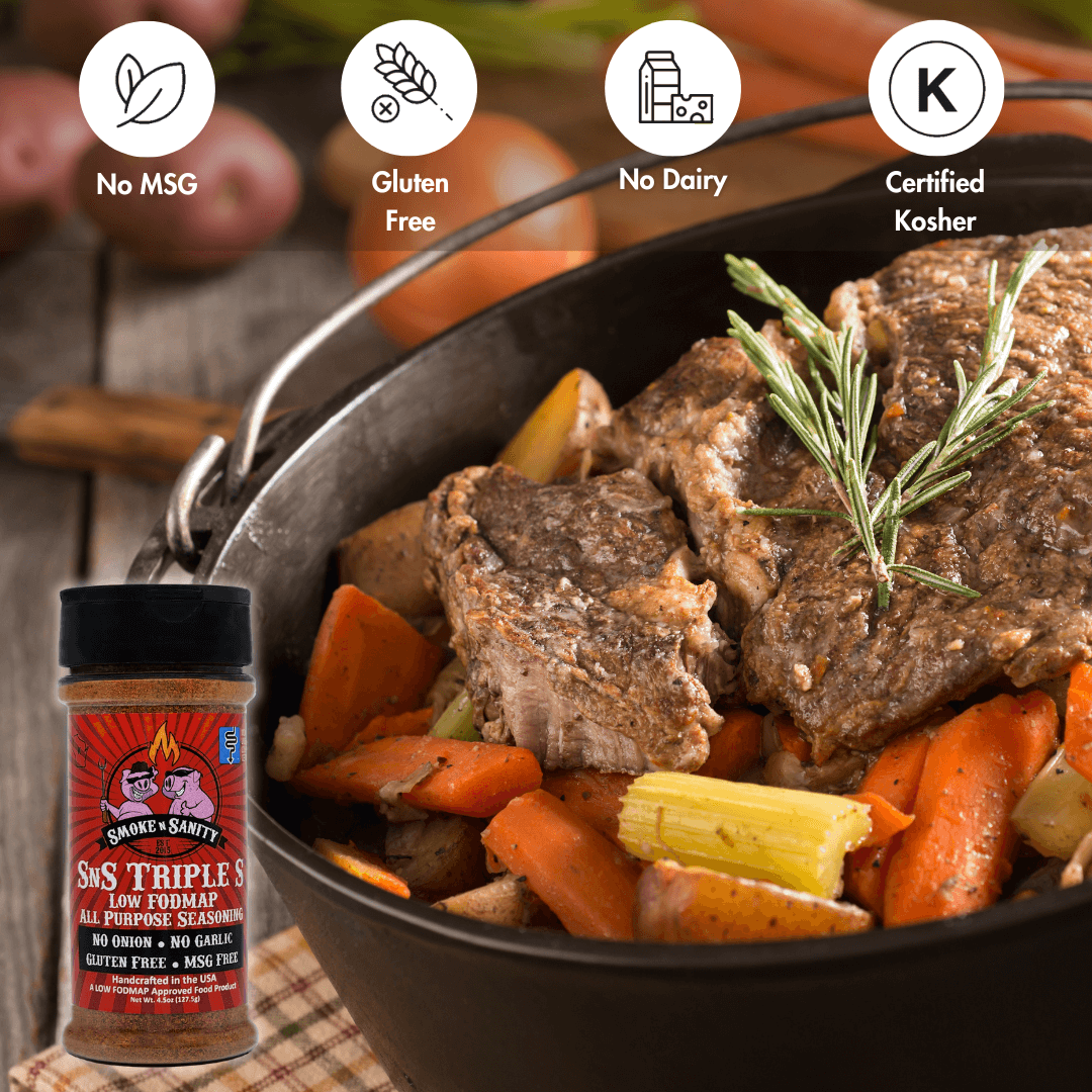 No msg, gluten free, no dairy, certified kosher. Showing a pciture of the seasoning bottle with a beef roast and carrots.