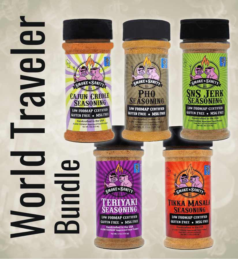 World traveler bundle main product image. Cajun Creole, pho, SnS Jerk, Teriyaki, and Tikka Masalas seasonings