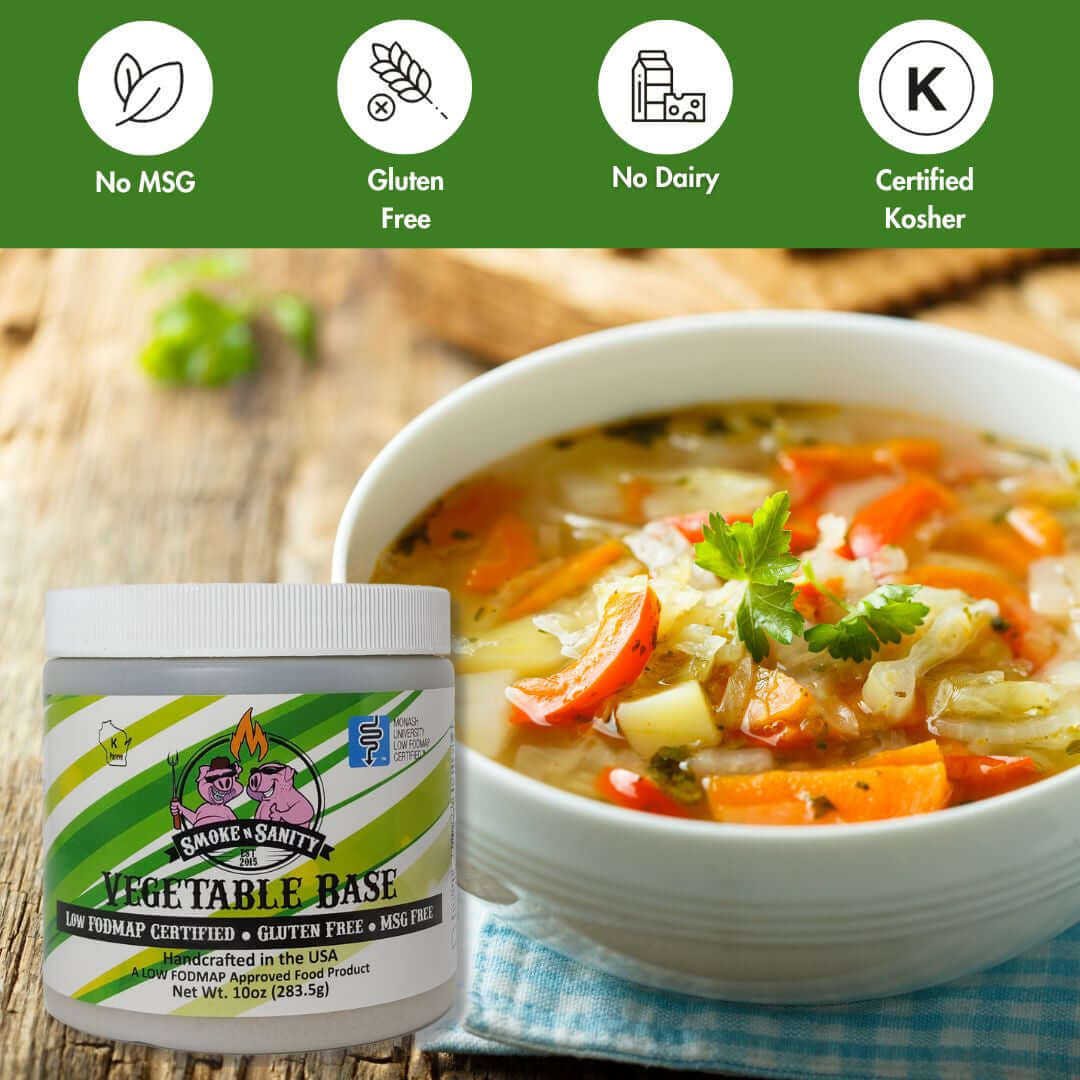 Vegetable Base showing vegetable soup, no msg, gluten free, no dairy, certified kosher