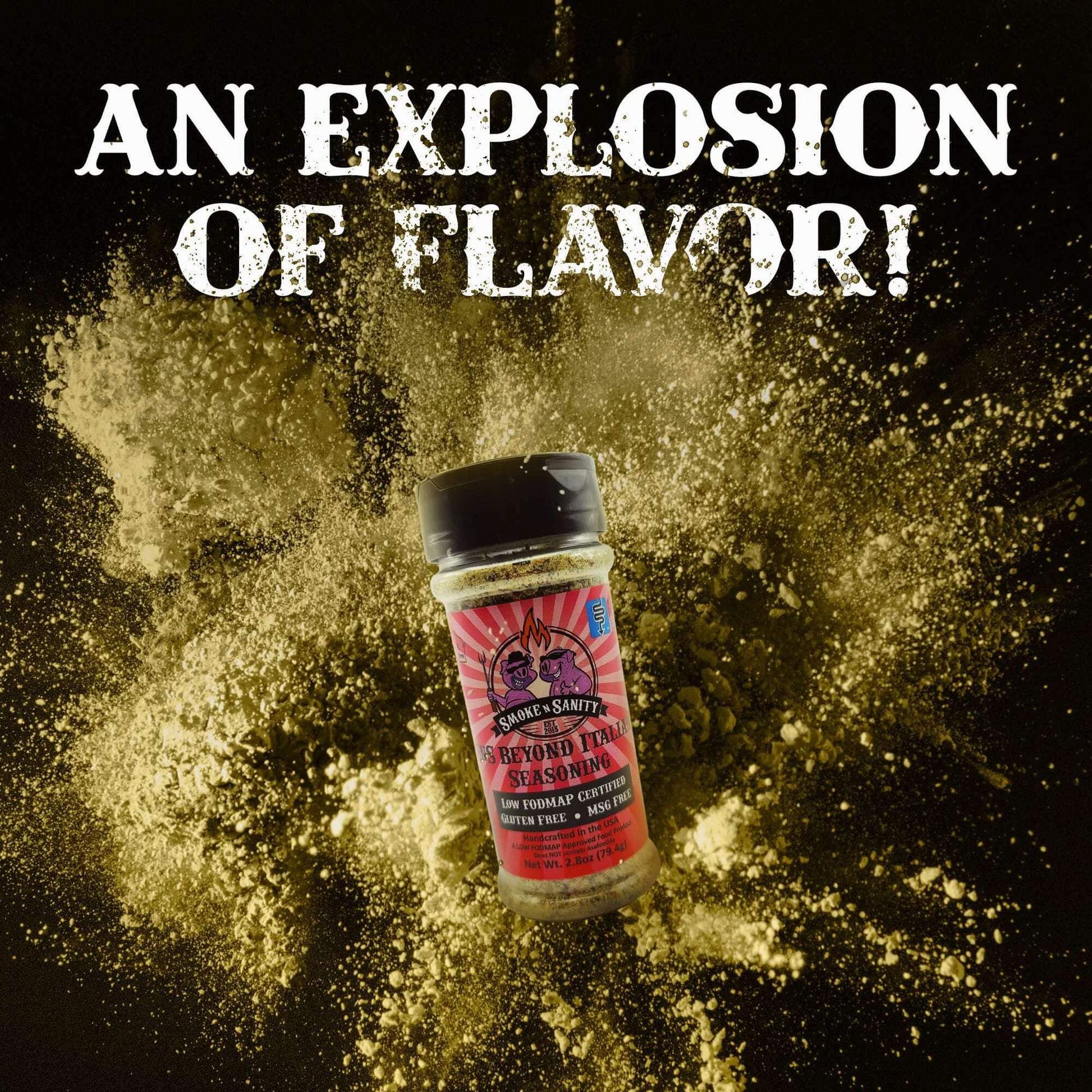 SnS Beyond Italian an explosion of flavor.   Bottle of seasoning exploding in the background.