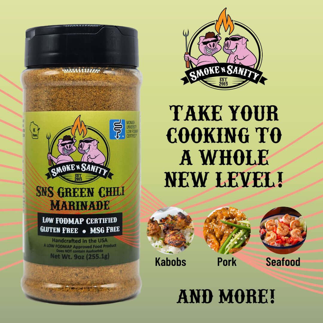 SnS Green Chili Marinade - Take Your Cooking to a whole new level.  Pictured:  kabobs, pork, seafood