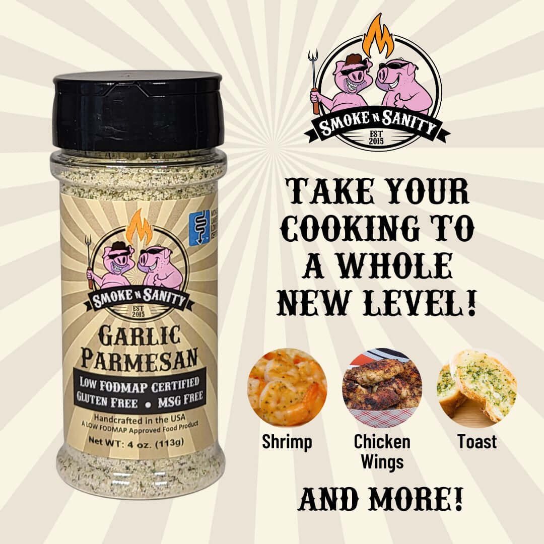 Garlic Parmesan - Take Your Cooking to a whole new level. Bottle of Garlic Parmesan and pictures of garlic parmesan shrimp, chicken wings, and toast.