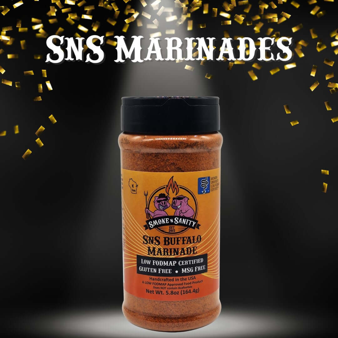 SnS Marindas, gold gillter falling over a bottle of SnS Buffalo Marinade.