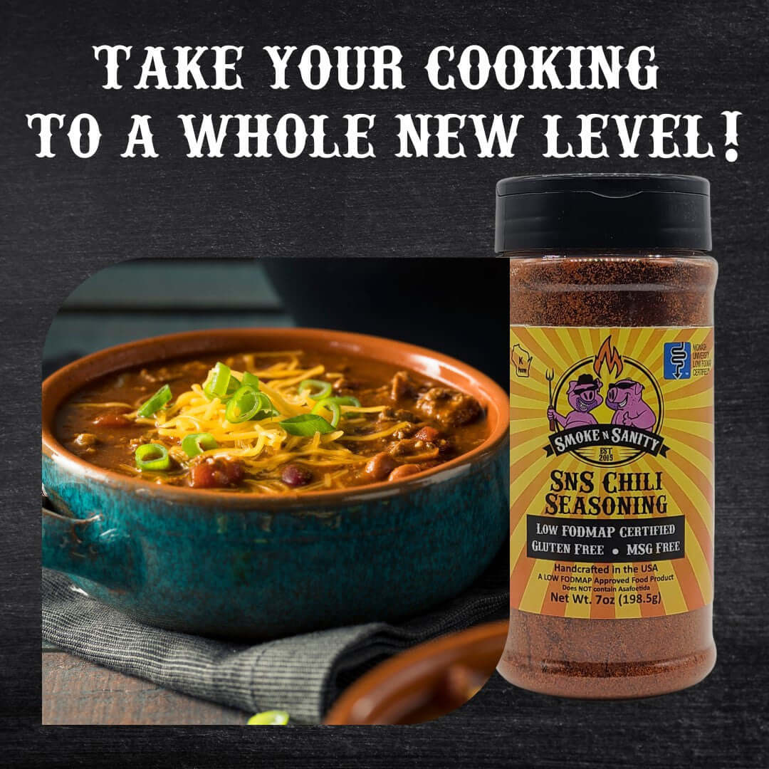 SnS Chili - Take your cooking to a whole new level, featuring a bowl of chili and a bottle of SnS Chili Seasoning.