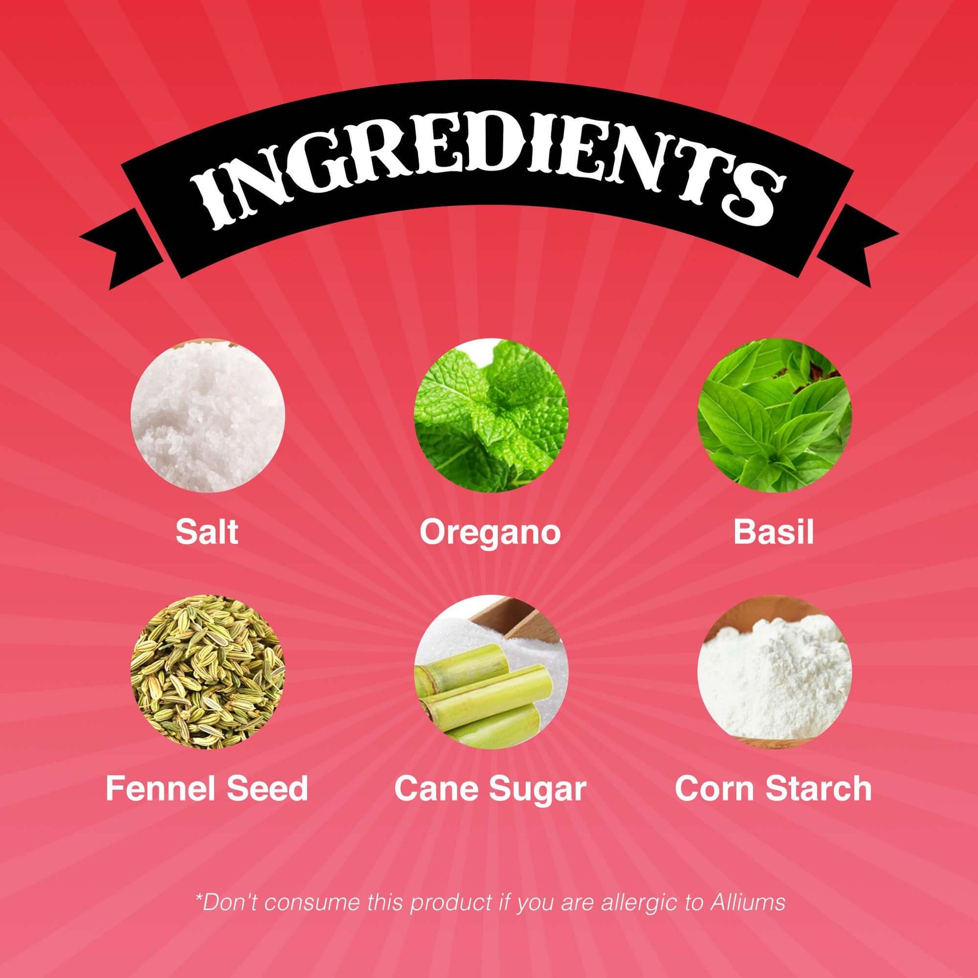SnS Beyond Italian Seasoning ingredients:  salt, oregano, basil, fennel seed, cane sugar, corn starch.  Contain alliums