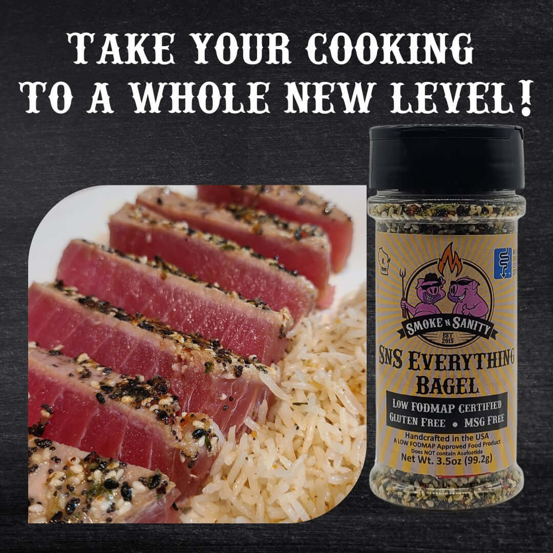 SnS Everything Bagel - Take your cooking to a whole new level picture of tuna steaks and rice with bottle of seasoning.