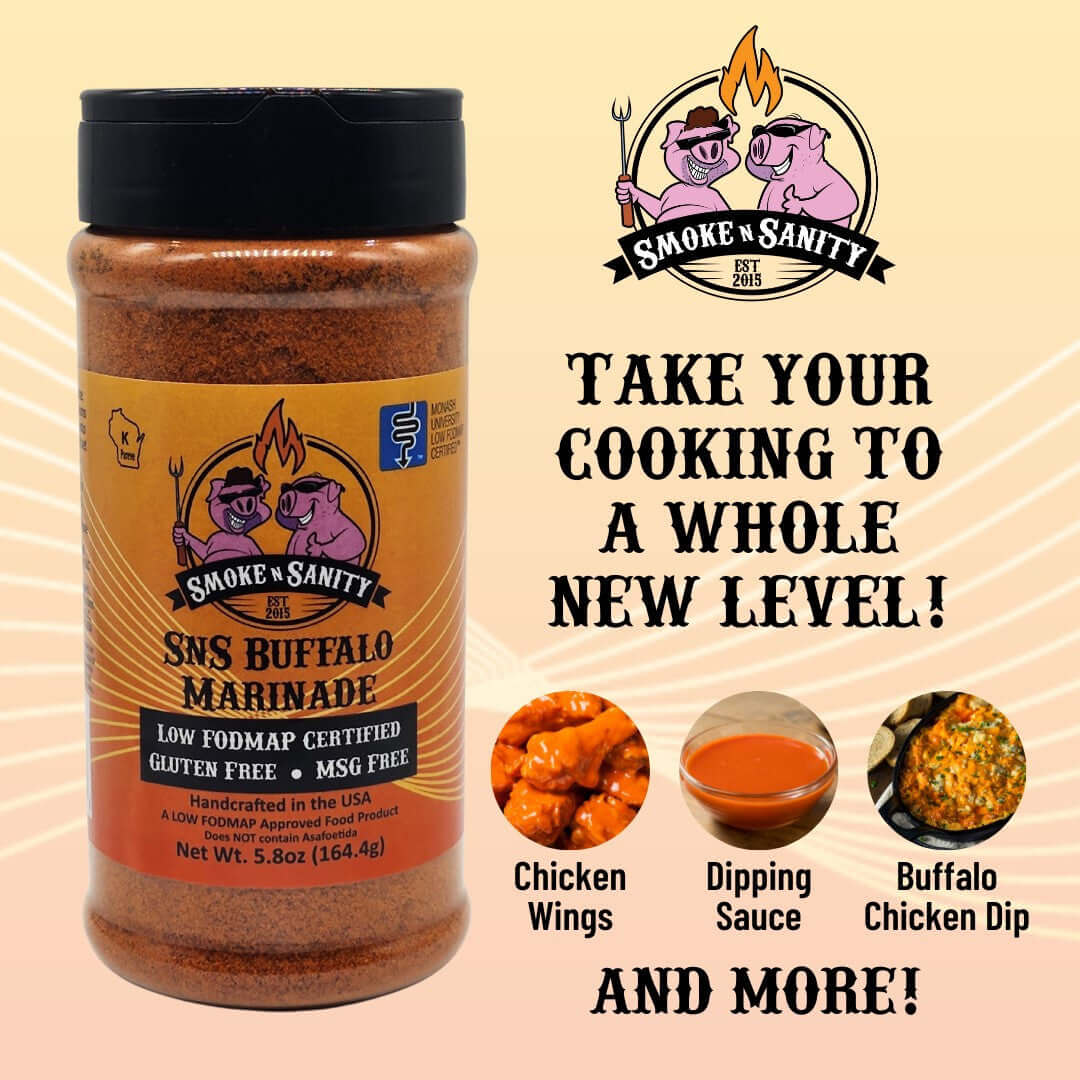 SnS Buffalo Marinade- Take Your Cooking.  Food examples displayed, chicken wings, dipping sauce, buffalo chicken dip.