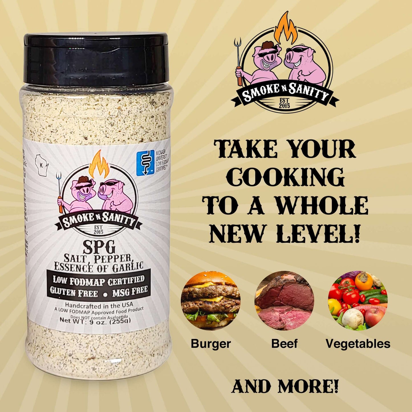 SPG, Salt, Pepper, Essence of Garlic take your cooking to a whole new level. Pictures of burger, beef, vegetables.