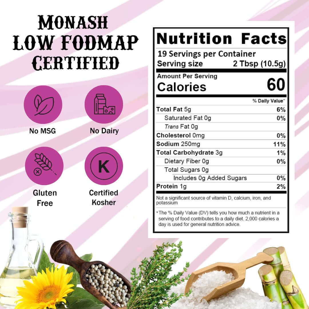 Cream Base - Nutritional Panel, Monash Low FODMAP Certifie, no msg, no dairy, gluten free, certifed Kosher. Serving size 2 Tbsp, 60 calories, 250 mg sodium, Total carbohydrates 3 g, Protein 1 g
