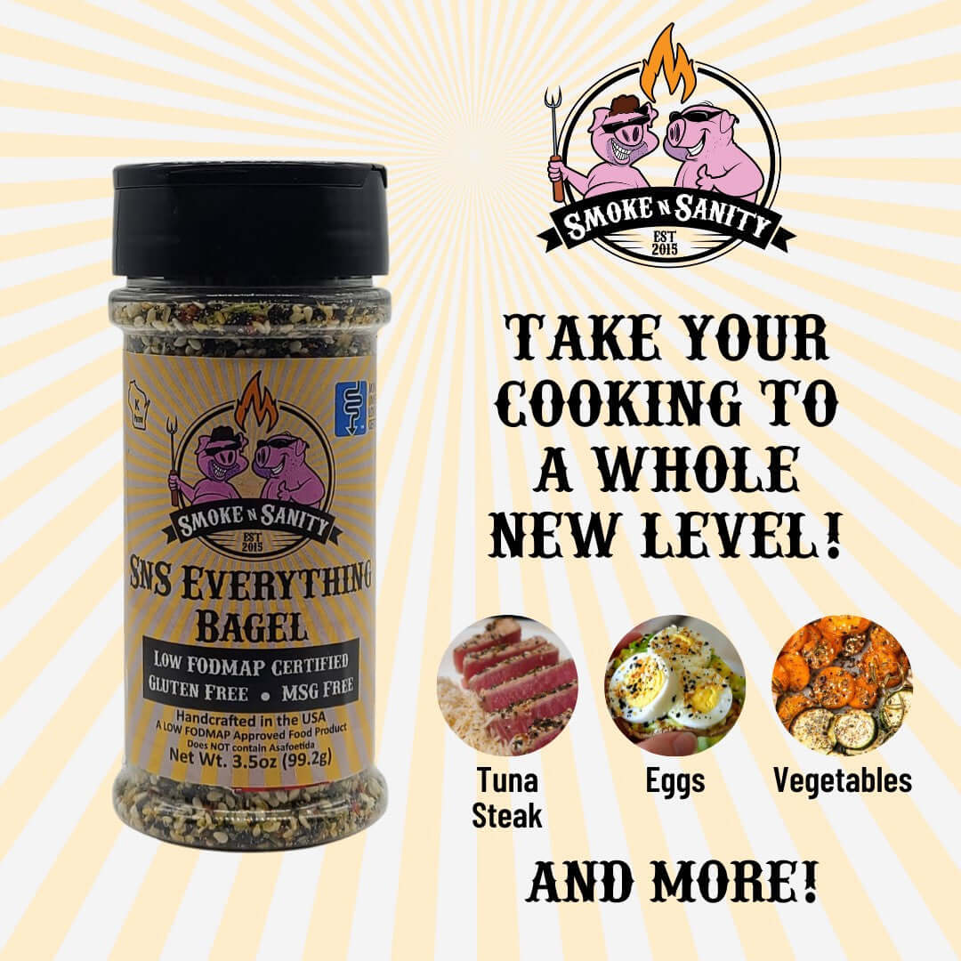SnS Everything Bagel - Take Your Cooking to a whole new level. Pictures of Tuna Steak, Eggs, and Vegetables.