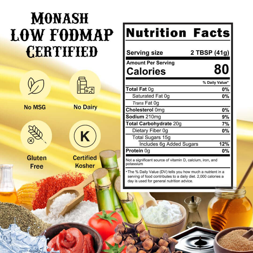 SnS Golden Hive BBQ Sauce - Monash Low FODMAP Certified, no msg, no dairy, gluten free, certifed kosher, Nutritional Panel, serving size 2 Tablespoons, calories 80, Sodum 210 mg