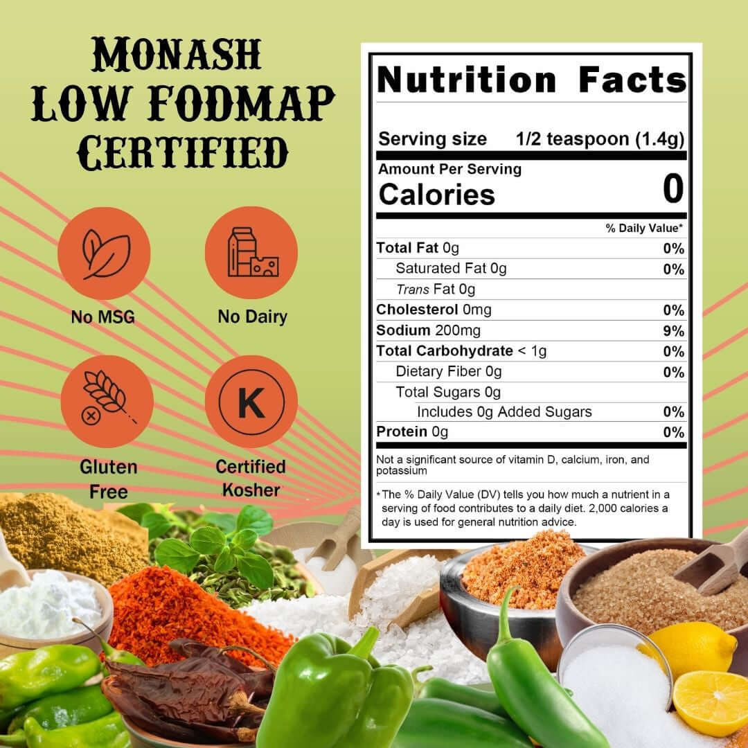 SnS Green Chili Marinade, Monach Low FODMAP Certified, No msg, no dairy, gluten free, certified kosher - Nutritional Panel, serving size 1/2 tsp, calories 0, Sodium 200 mg