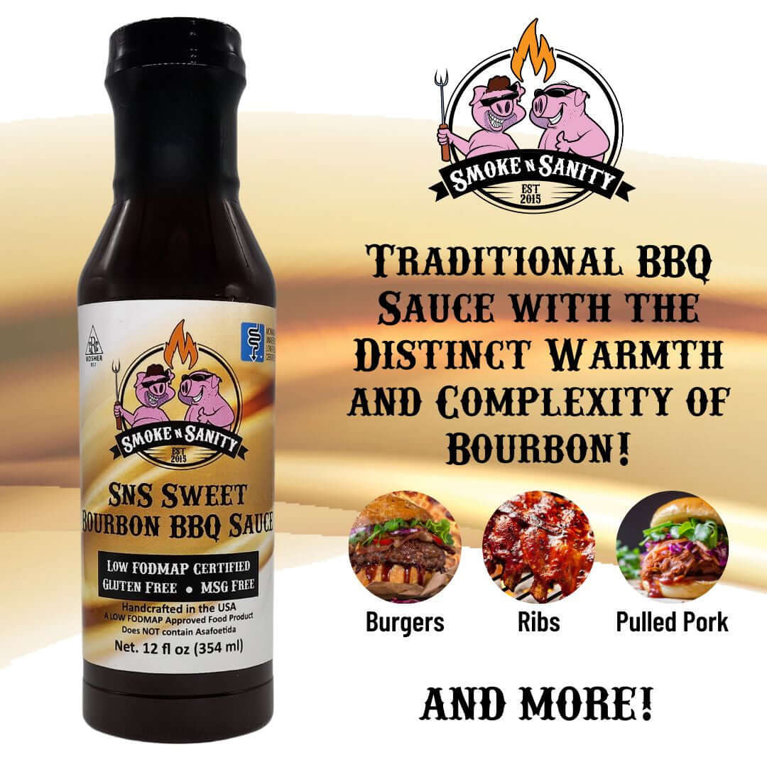 Sweet Bourbon BBQ Sauce traditional bbq sauce with the distince warmth and complexity of bourbon. Pictures of burgers, ribs, pulled pork