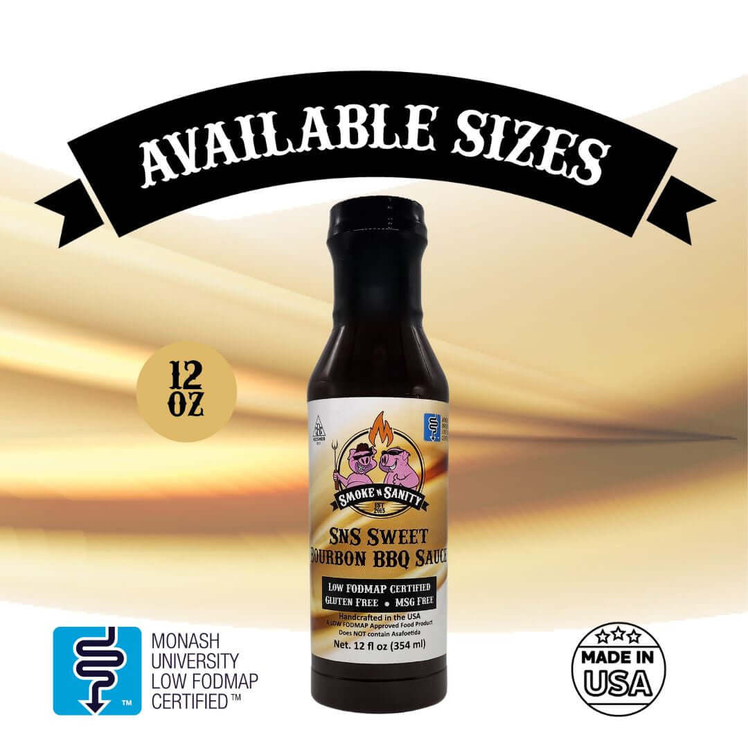 Sweet Bourbon BBQ - Available SIzes, 12 ounce bottle, low FODMAP certified