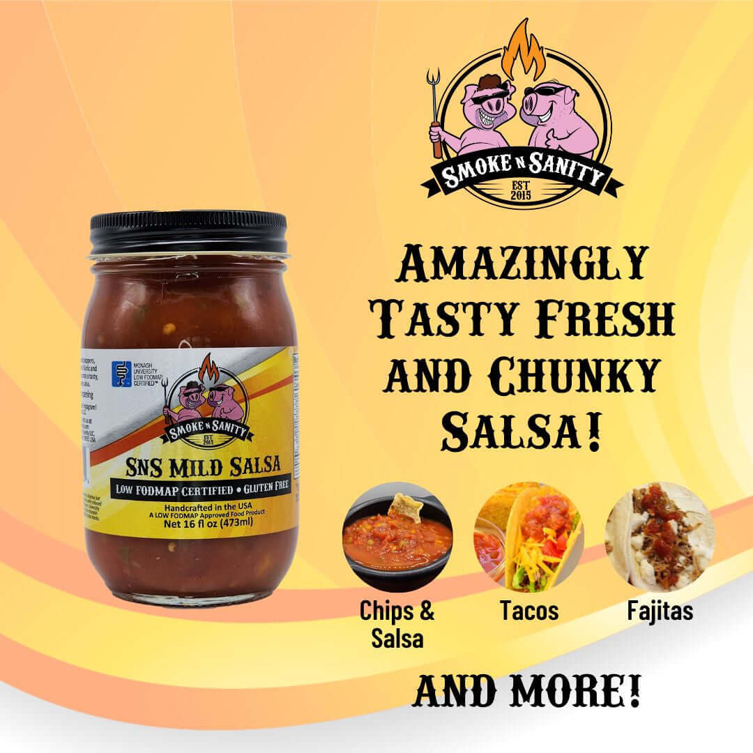 SnS Mild Salsa - Fresh & Chunky, pictures of chips and salsa, tacos, fajitas