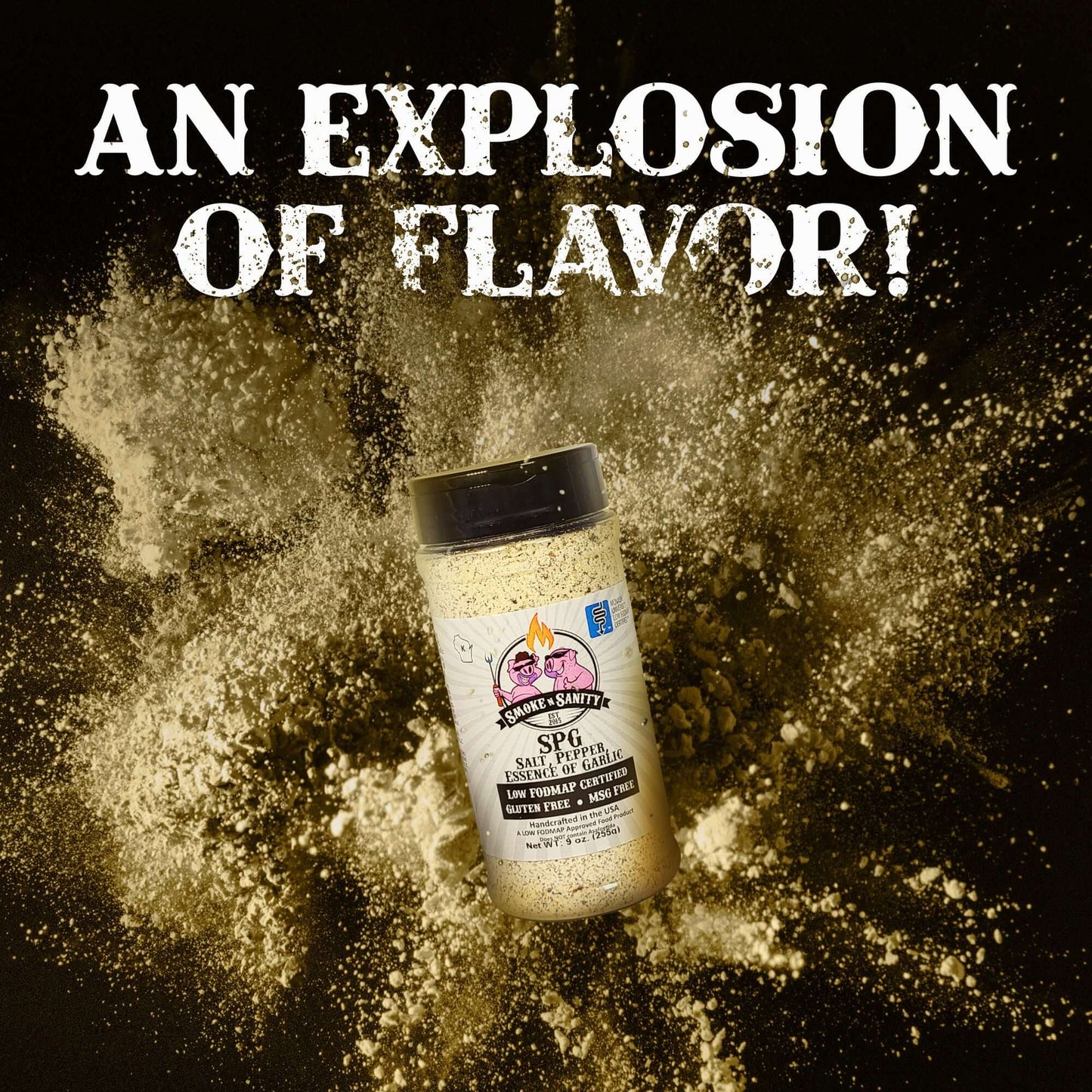 Bottle of SPG, Salt, Pepper, Essence of Garlic exploding.