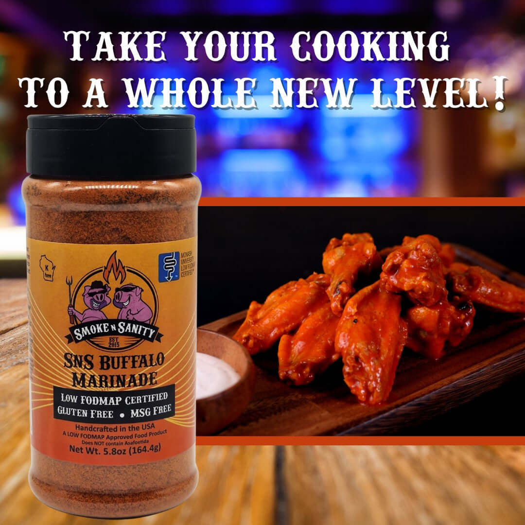 SnS Buffalo Marinade - Take your cooking to a whole new level, Picture showing a bottle of marinade and wings covered in buffalo wing sauce.
