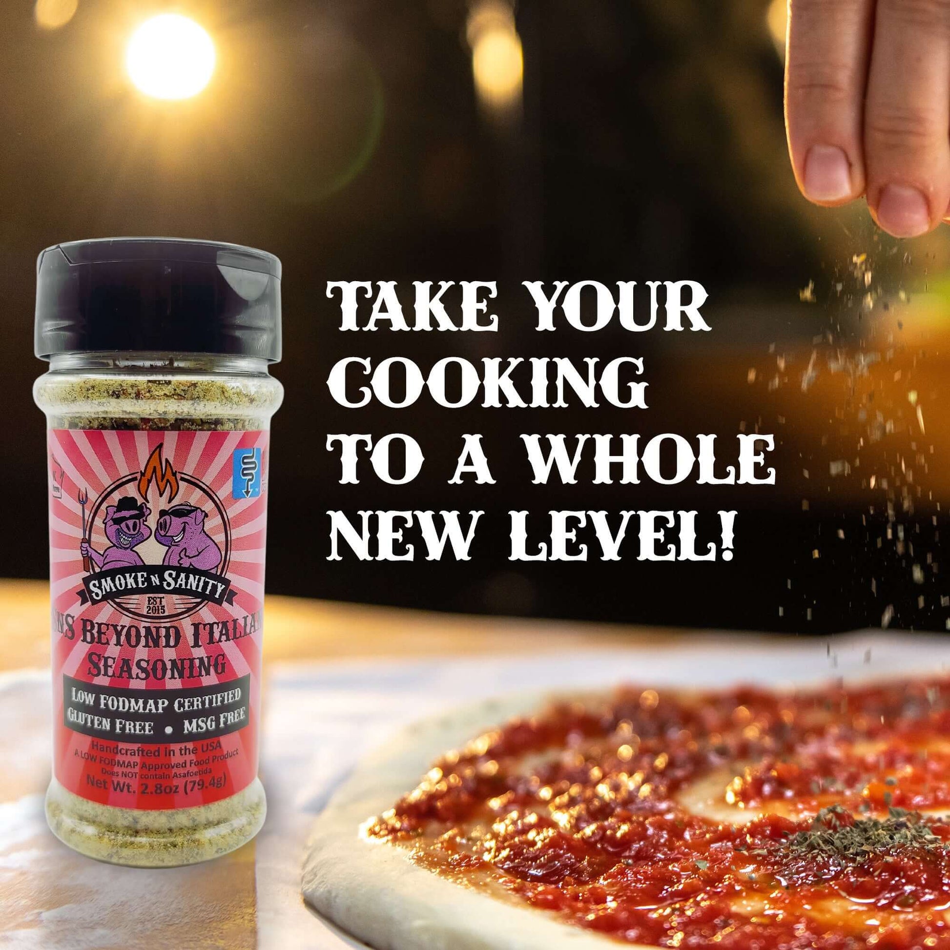 Picture of SnS Beyond Italian Seasoning, take your cooking to a whole new levle.  sprinkling seasoning on pizza.