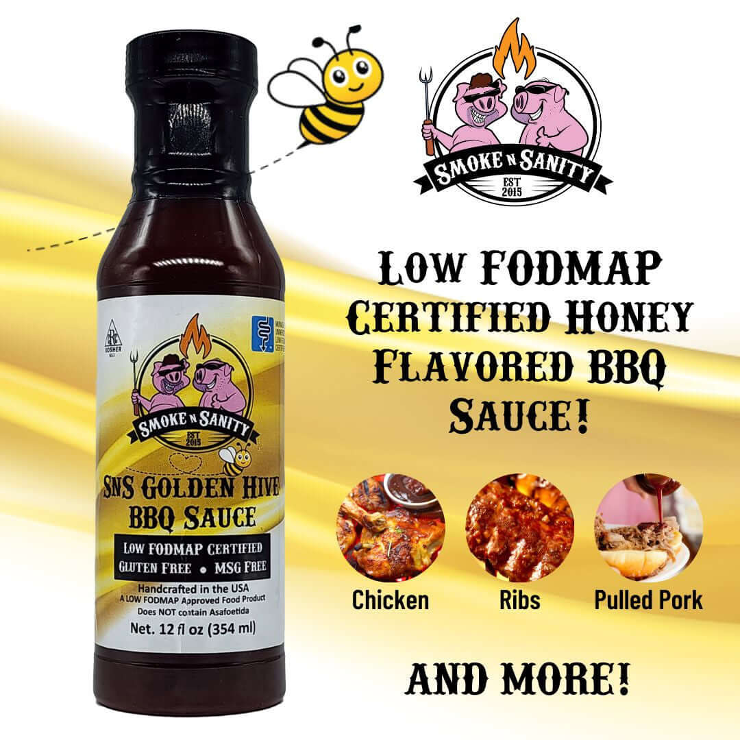 SnS Golden Hive BBQ Sauce a Low FODMAP Certified Honey Flavored BBQ Sauce. Pictures of Chicken Ribs, Pulled Pork