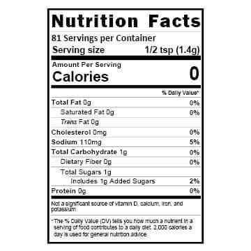 Jerk Nutritional Panel square Serving Size 1/2 tsp, calories 0, sodium 110mg