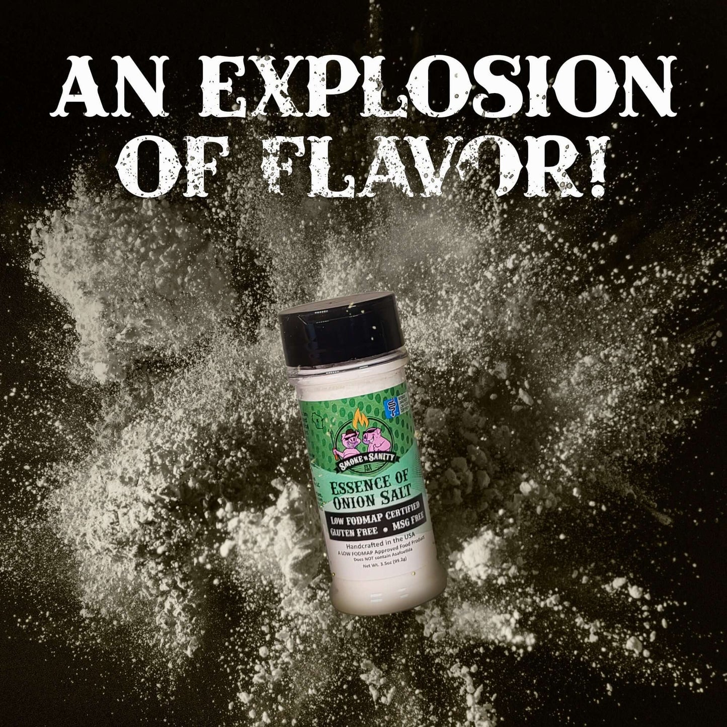 An explosion of flavor. Bottle of Essence of Onion Salt with seasoning exploding behind it.