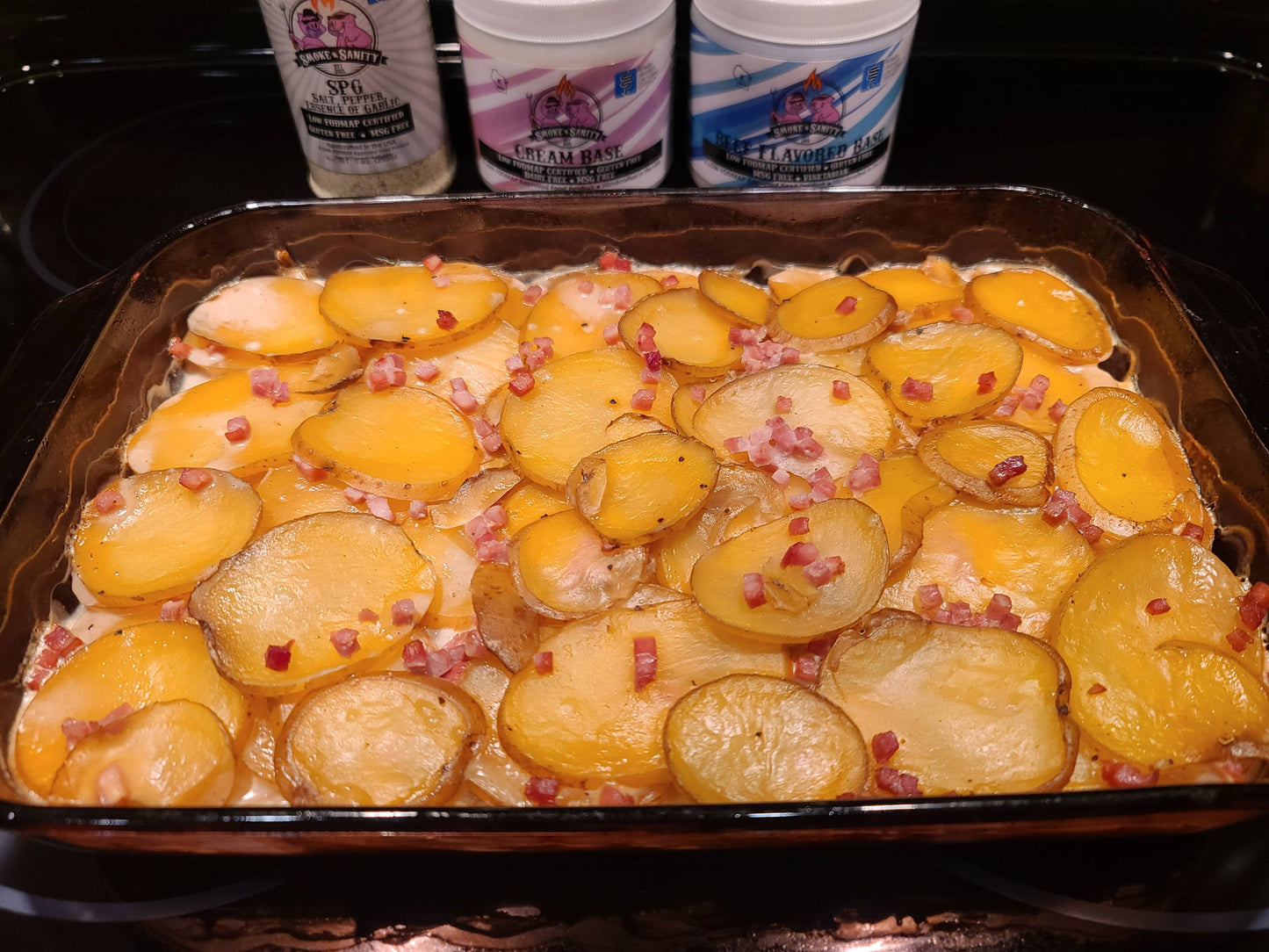 Casserole dish of baked scalloped potatoes