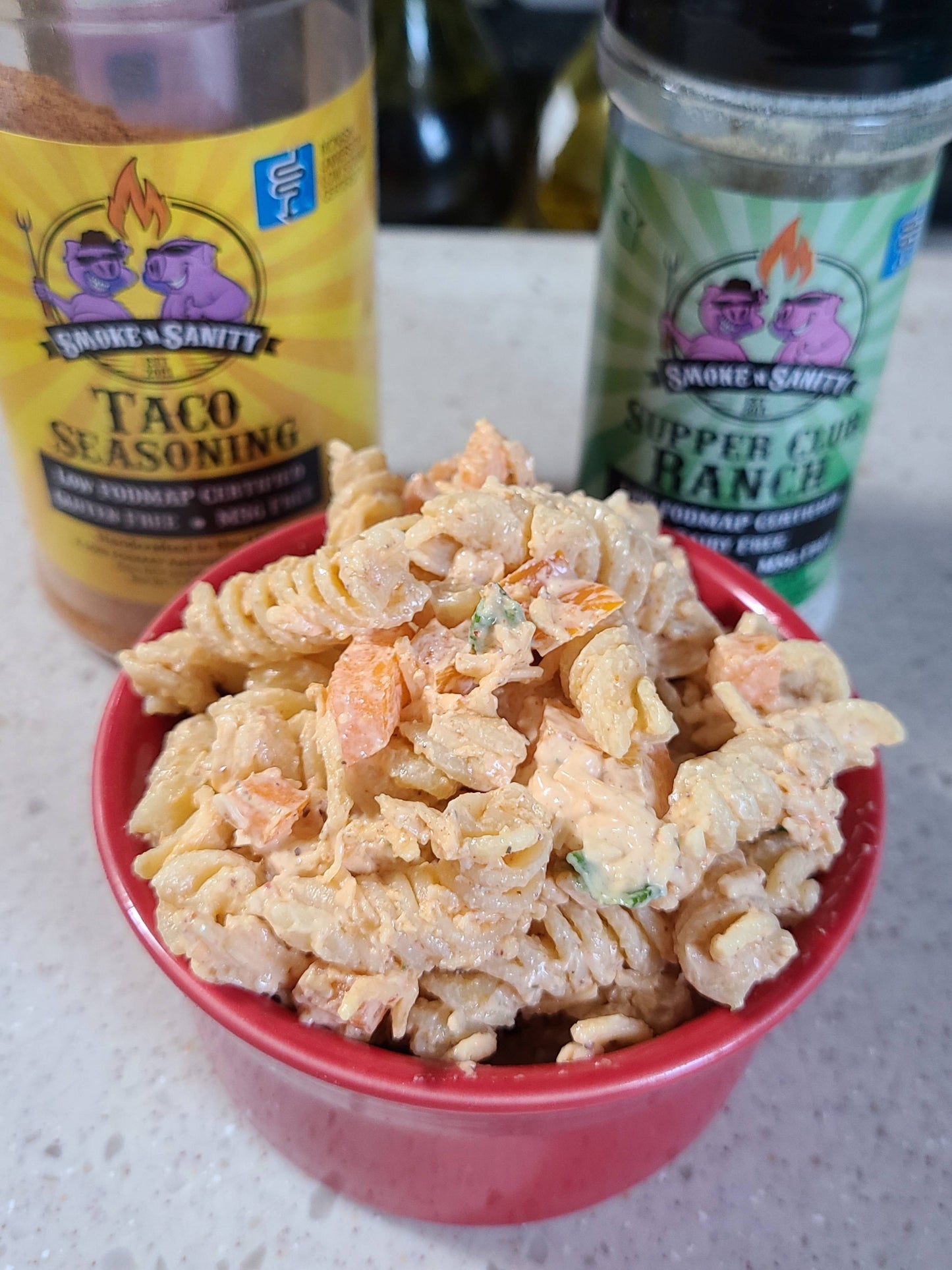 Dish of southwest ranch pasta salad