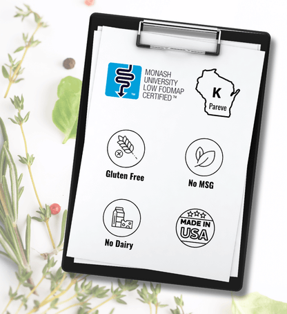 Clipboard with Monash University Low FODMAP Logo, Kosher Certified, gluten free, no msg, no dairy, Made in USA