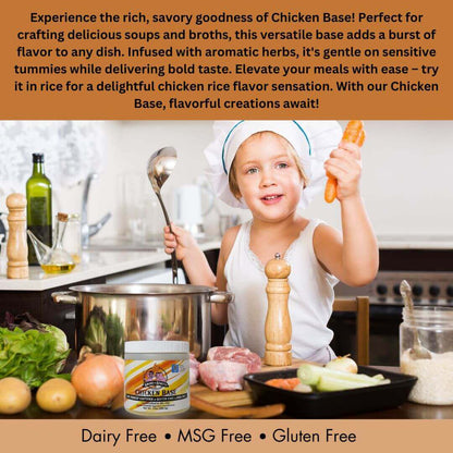 Picture of child cooking in the kitchen.  Experience the rich, savory goodness of Check Base.  Perfect for crafting delicious soups and broths, this versatile base adds a burst of flavor to any dish.  Infused with aromatic herbs, it's gentle on sensitive tummies while delivering both taste.  Elevate your meals with ease, try it in rice for a delightful chicken rice flavor sensation.  With our chicken base, flavorful creations await.