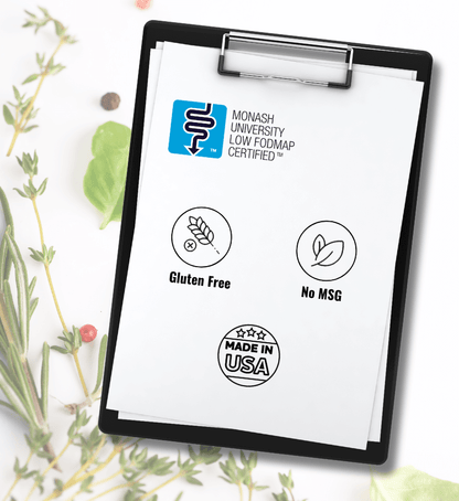 Clipboard with icons for Monash Certified Low FODMAP, gluten free, no msg, made in USA