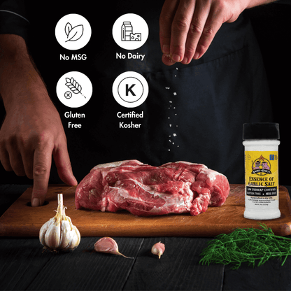 Picture of Essence of Garlic Salt, someone sprinking seasoning on a steak.  No msg, no dairy, gluten free, certified kosher.