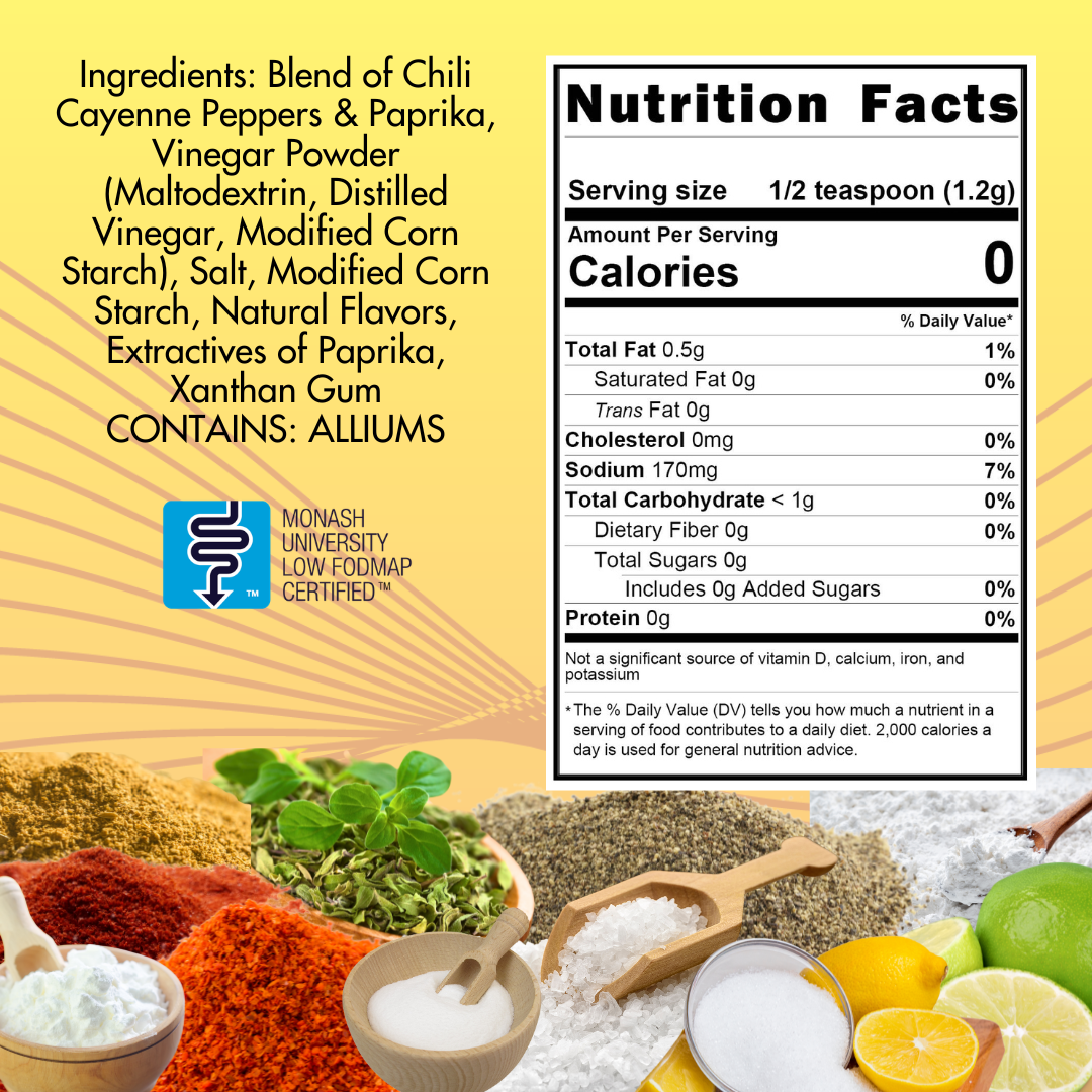 Nutrition label for a blend of chili, cayenne peppers, and paprika with ingredients listed.