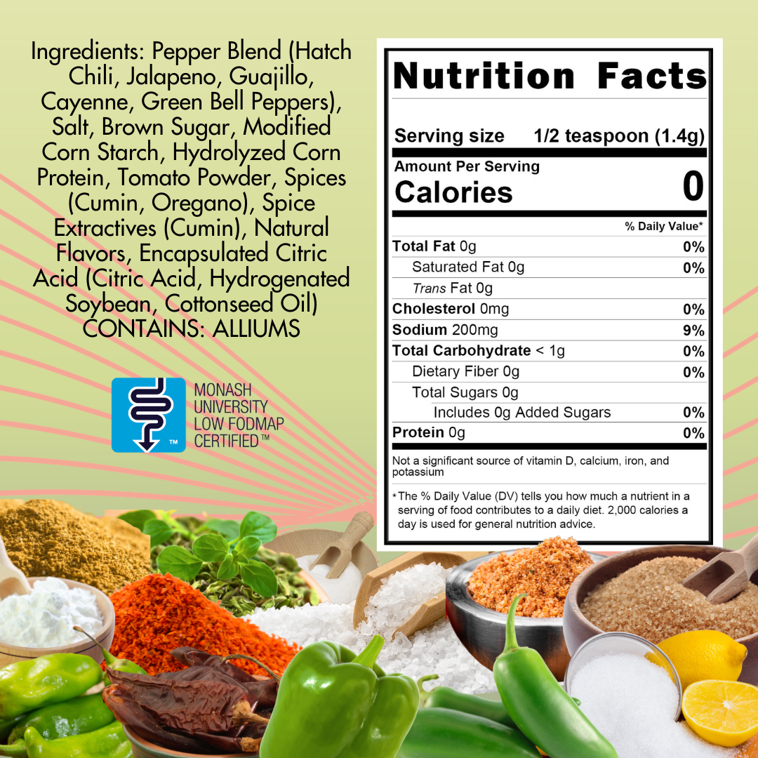 Ingredients list and nutrition facts label for a pepper blend with various spices and vegetables displayed below.