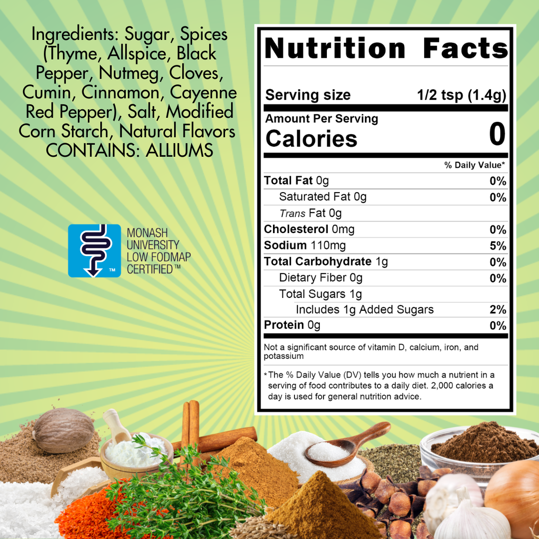SnS Jerk Low FODMAP Seasoning ingredient listing and nutritional panel with Monash University Low FODMAP logo.