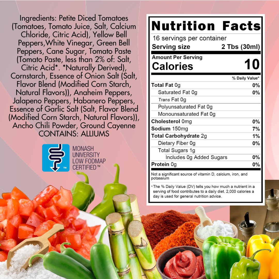 Nutrition facts label with ingredients list on a pink background, surrounded by vegetables and spices.