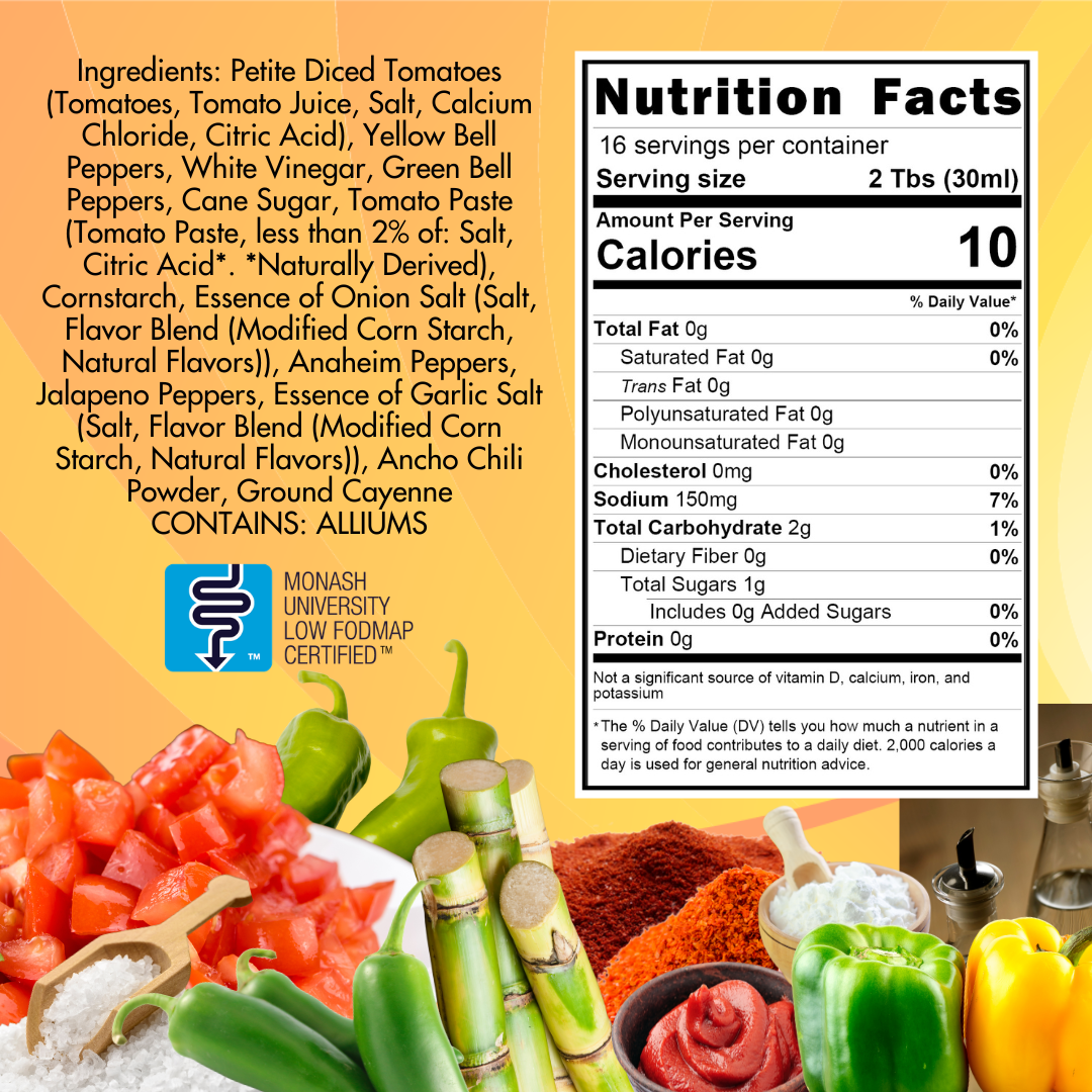 Nutrition facts label with ingredients list and food items on a yellow background