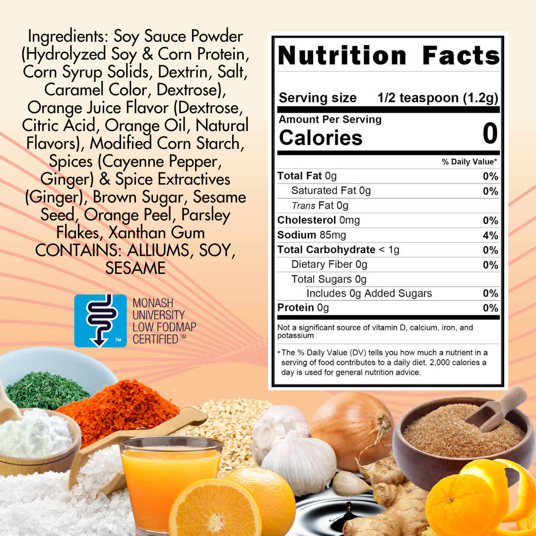 Nutrition facts label with ingredients list and food items on a colorful background