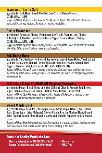 SnS Product list for sample packs with ingredient listing for each product.