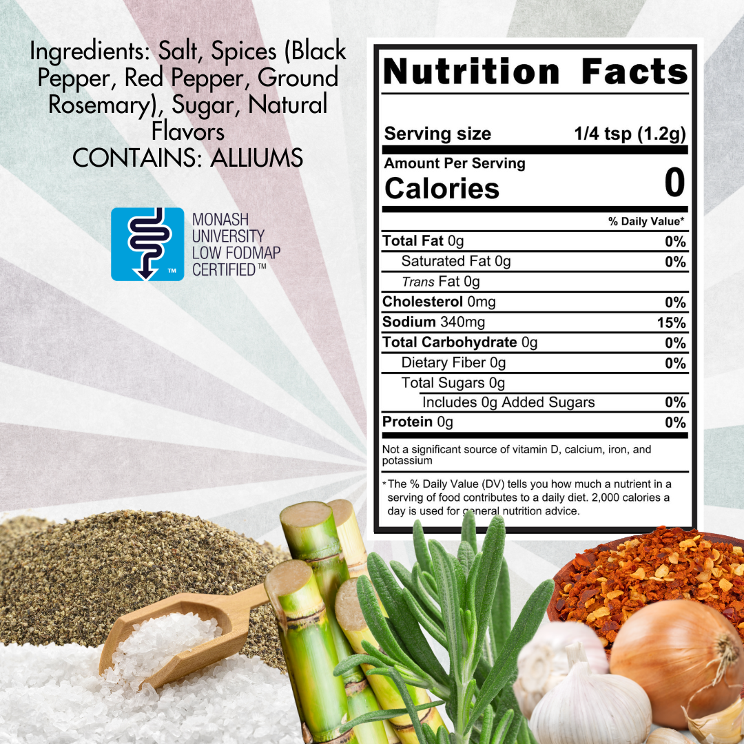 Nutrition facts label with ingredients andMonash University Low FODMAP certification on a background of spices and herbs.