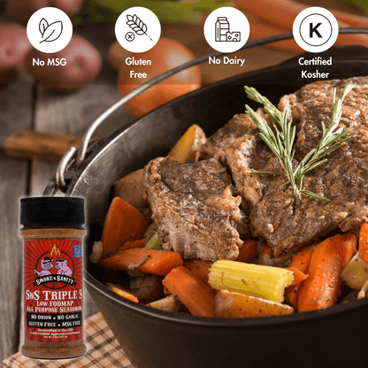 No msg, gluten free, no dairy, certified kosher.  Showing a pciture of the seasoning bottle with a beef roast and carrots.