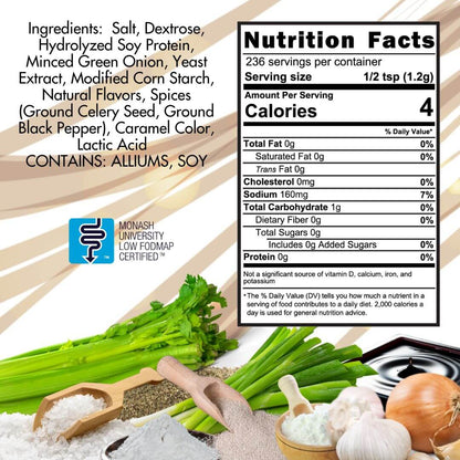 SnS Onion Base Ingrients:  salt, dextrose, hydrolyzed soy protein, mince green onion, yeast extract, modified corn starch, natural flavors, spices (ground celery seed, ground black pepper) caramel color, lactic acid, contain alliums, Nutritional panel serving size 1/2 tsp, Calories 4, Sodium 160 mg