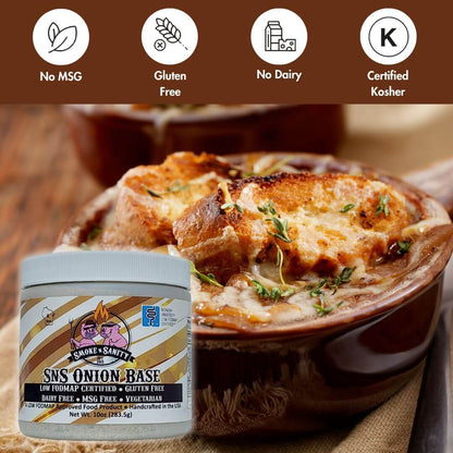 SnS Onion Base No msg, gluten free, no dairy, certified kosher, picture of onion soup