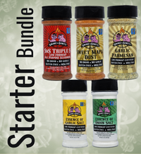 Collection of seasoning jars with labels on a textured background, featuring the brand 'Smoke & Sanity'.